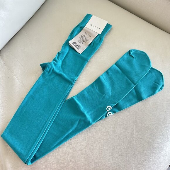 NEW GUCCI TIGHTS BLUE WHITE LOGO GG Sz M 100% Authentic - Picture 1 of 6